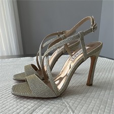 Badgley Mischka Gold Glitter Strappy Ankle Strap Open Toe Stiletto 6