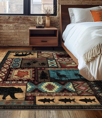 Rustic Cabin Area Rug 5X7,Machine Washable Lodge Bear Rug,Non-Slip Low Pile P...