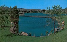 Lakefront Homes & Pedestrian Bridge, c1950, Westlake Village, California Lakefront Homes & Pedestrian Bridge, c1950, Westlake Village, California