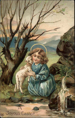 Easter Angel Girl Hugs Lamb Embossed EAS c1900s-20s Postcard