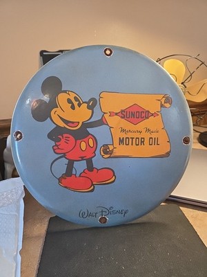 Sunoco Mercury Made Motor Oil Mickey Mouse Porcelain Enamel Sign 11 3/4 Inch New