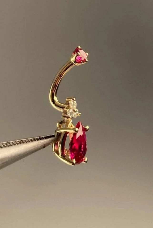 2Ct Pear Lab-Created Ruby Diamond Women Belly Button Ring 14K Yellow Gold Plated - Image 4 of 4