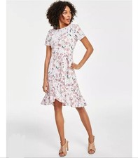 Calvin Klein Pink Floral Short Sleeve Ruffle Hem Tie Knee Length Scuba Dress 4P
