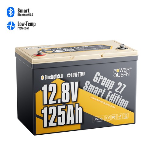 Refurbished Power Queen 12V 125Ah Group 27 Smart LiFePO4 Lithium Battery