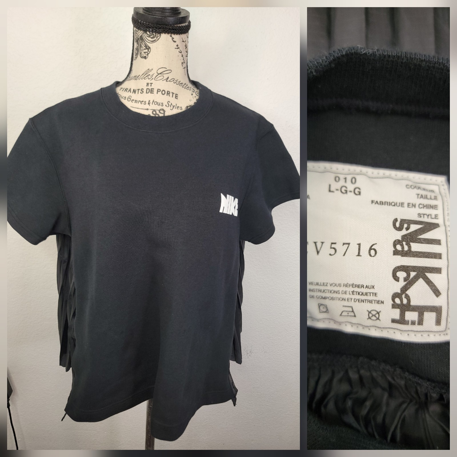 SACAI X NIKE NIKE X SACAI TOP MANICA CORTA donna NERO TAGLIA GRANDE PLISSETTATO SCHIENA CV5716 010