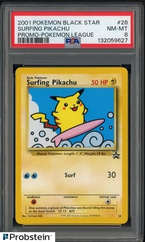 2001 Pokemon Black Star Promo Pokemon League #28 Surfing Pikachu PSA 8 NM-MT