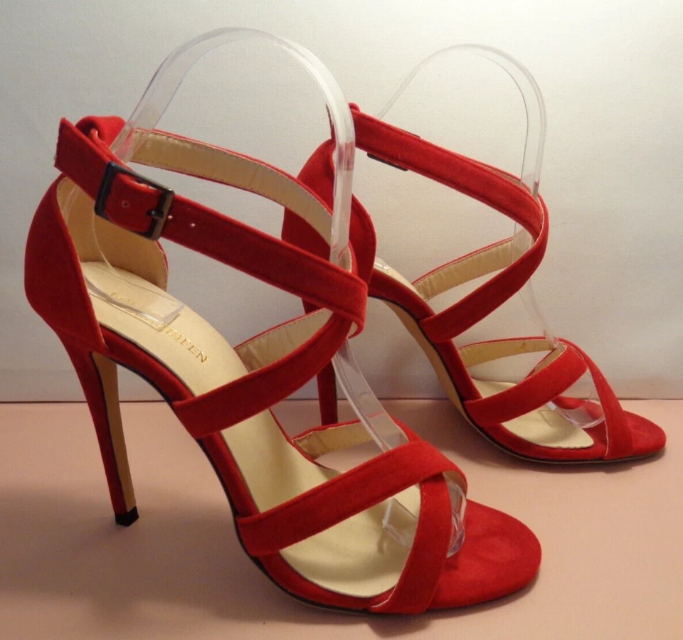 Loslandifen💗Sexy Zapatos de Tacón Alto Rojo Imitación Gamuza Doble Cruzada 4.25"💗Talla 7/38 Foto 3 de 4