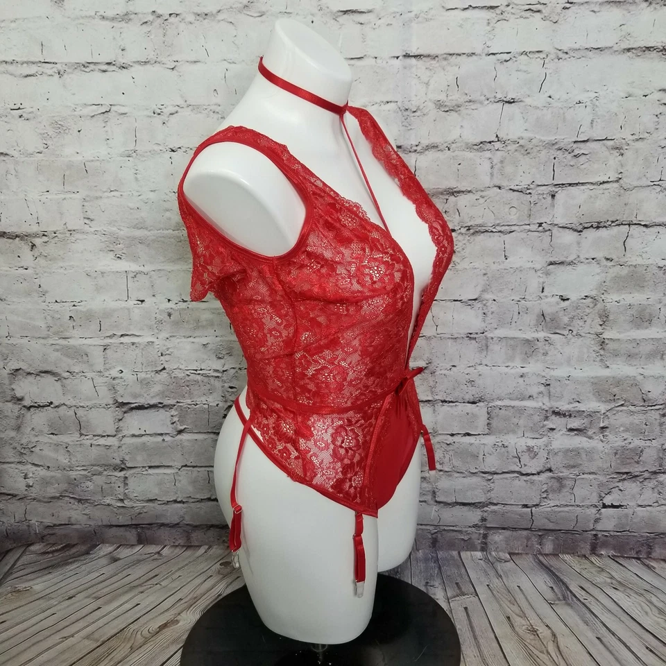 Shirley of Hollywood Peluche de Encaje Rojo XL Profundo V Liguero Body Lencería Cuello Foto 4 de 4