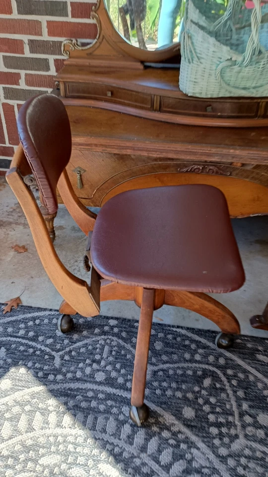 Silla de oficina antigua auténtica de cuero de pastor - inclinación giratoria enrollable años 40 Foto 3 de 4