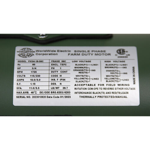 Motor de servicio agrícola 3/4 HP 115/230 voltios CA 1725 RPM WWE FM34-18-56C 10-3415 - Imagen 3 de 3