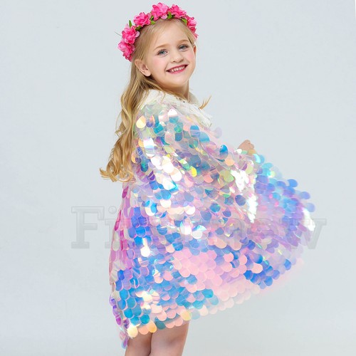 Kid Girls Shawl Colorful Mermaid Shiny Sequin Cape Birthday Party Princess Cloak - 第 1/11 張圖片