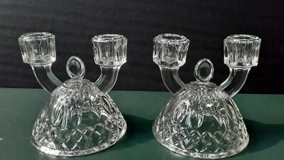 VINTAGE PAIR CLEAR GLASS 2 LITE CANDLE HOLDERS BELL SHAPED THUMB PRINT DESIGN