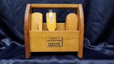 Vintage Wooden ESQUIRE FOOTMAN Shoe Shine Caddy Box with 3 Brushes Sammy Golf
