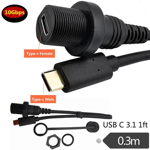 USB 3.1 C Motorcycle Flush Panel Mount Waterproof Male to Female Extension Cable - Picture 1 of 10