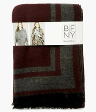 BFNY Women's Long Gray & Berry  Shawl Oversized Ruana NEW