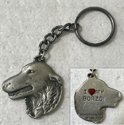 Vintage 1982 Rawcliffe Pewter Dog Owner Keychain Key Ring I LOVE MY BORZOI