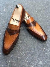 Handmade Men's Leather Loafers Slip Ons Brown and Tan Fashion Dress Shoes-405