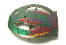 CHAMPLEVE ENAMEL COPPER BELT BUCKLE CLOISONNE Dragon Butterfly Asia China c1900s