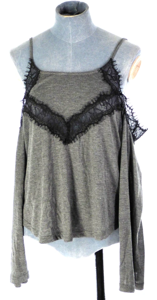 Y2K Cold Shoulder Blouse Cut Out Back Grey Oversized Boho Festival size XS - Image 2 of 4