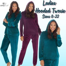 Ladies Hooded Pyjama Set Soft Warm Twosie Womens Fleece PJ Loungewear Nightwear