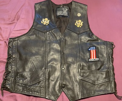USA Bikers Dream Apparel Leather Vest Black Sz 56 Harley Davidson Patches 