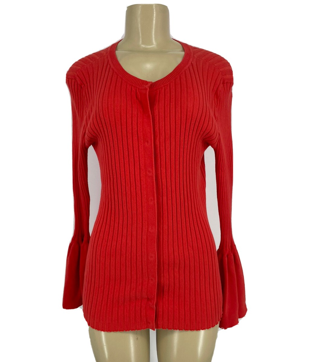 Cabi Small Women Trumpet Bell Sleeve Ribbed Snap Down Sweater