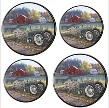 SET OF 4STEEL STOVETOP BURNER COVERS(2-10",2-8")MORNING FARM,DEERS & TRACTOR,RLD