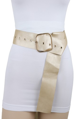 Women Gold Extra Long Strap Tie Belt Gold Metal Square Buckle Hip Waist Fit XS L - Picture 16 of 24