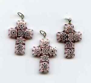 10Pcs Mixed Flower Millefiori Glass Cross Charms Pendant Loose Bead DIY 20x12mm