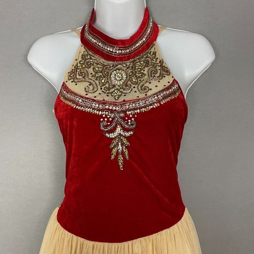 Beaded Dress Velvet Girls Maxi Red Cream Halter Tank Dance Detailed FLAWS - Picture 2 of 16