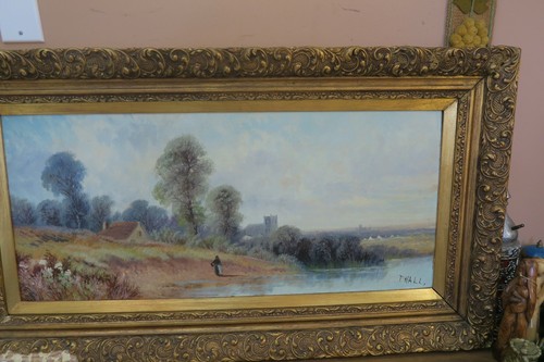 Antique Original Signed T. HALL Painting Oil on Board Landscape Lakeside 13"x31" - Picture 3 of 12