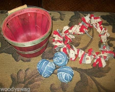 Primitive Heart red white blue 3 small rag balls Red gathering Basket Country