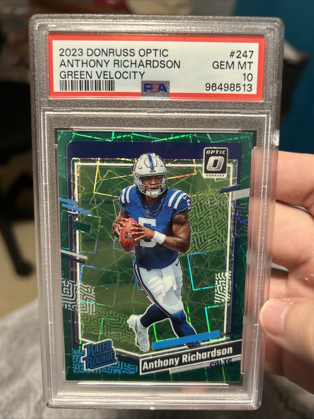 2023 Donruss Optic Anthony Richardson #247 Green Velocity PSA 10 (has a crack)