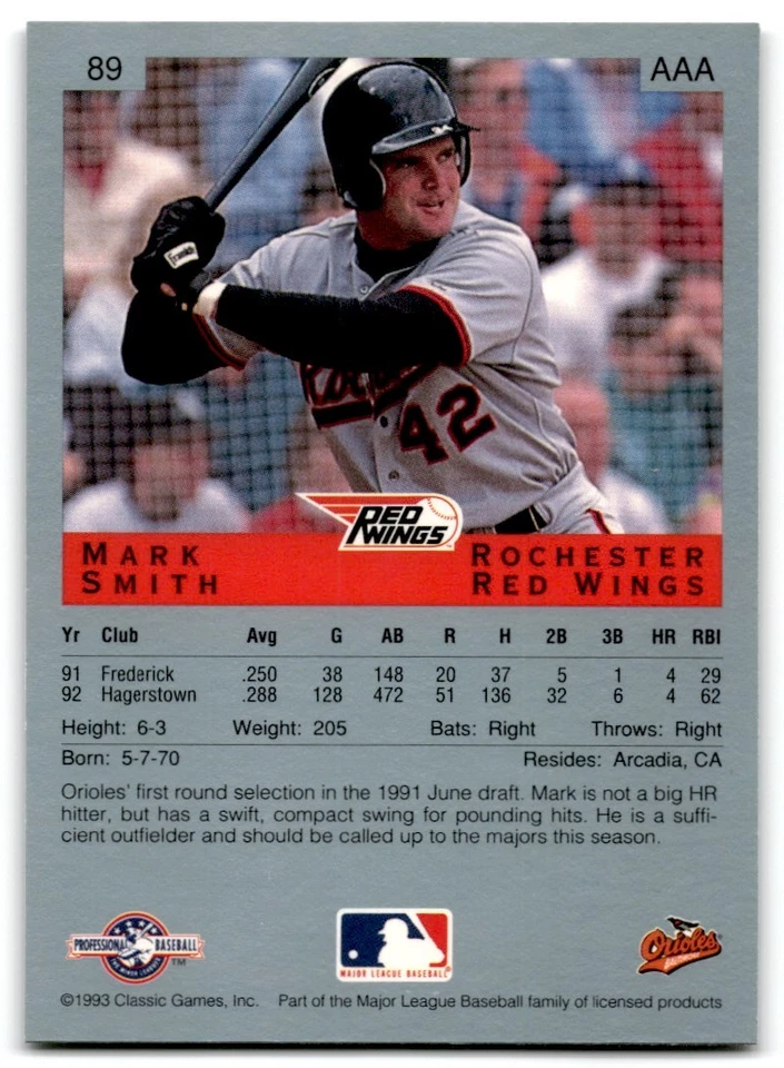 1993 Classic Best Mark Smith Rochester Red Wings #89 - Image 2 of 2