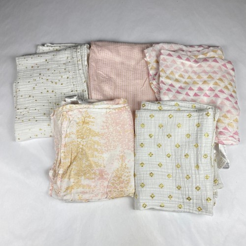 Aden & Anais Baby Blanket Lot of 5 Pink Gold Metallic Swaddle