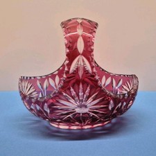 Vintage Henkelkorb Bleikristall Rot &Uuml;berfang Blumenschliff