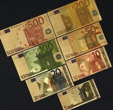 Euro Gold Banknoten Set 7 Stk. Geld Scheine 5 - 500 Euro gold / farbig