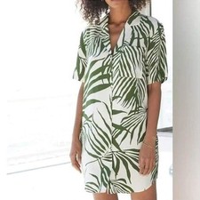 AYR 100% Silk Shirt Dress Women S Tropical Palm Pool House Short Sleeve Relaxed