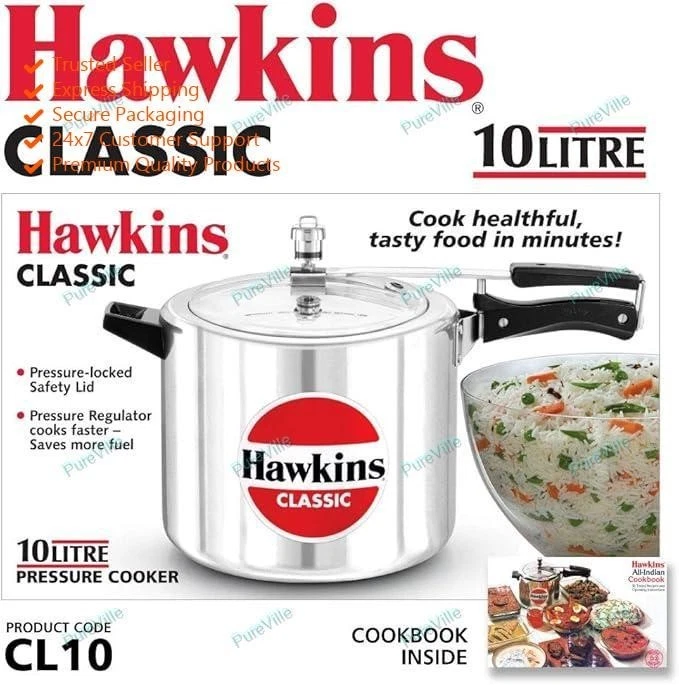 Hawkins Classic Aluminium Inner Lid Pressure Cooker, 10 Litre, Silver (Cl10), 10