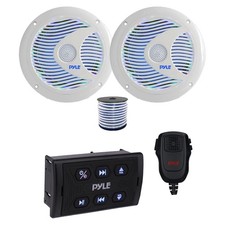 Pyle Marine Bluetooth Controller w/Mic, 2x 6.5'' 150W LED Speaker White , Wire