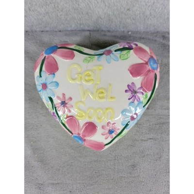 Heart Shaped Trinket Box Get Well Soon Ceramic Flowers Green Lime Lid