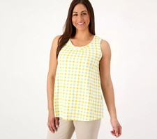 Denim  Co. Printed Favorite Jersey with Curved Hem Tank Top Sage/Yellow XXS New