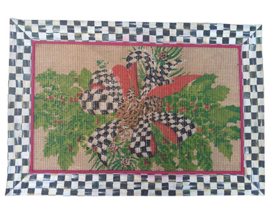 Mackenzie Childs Christmas Evergreen Jute Rug Black White Check Border 35x24