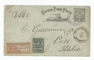 Colombia rare servicio fluvial sta.cover uprated sent to Italy 1893
