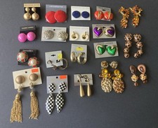 VTG Clip On Earrings Lot Of 19 Gold Silver Mixed Materials Multi Color 60-80s