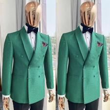 Green Paisley Men's Suits Shawl Lapel Double Breasted Host Wedding Groom Tuxedo