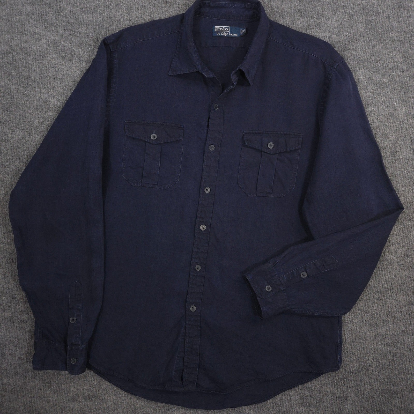 Vintage Polo Ralph Lauren Linen Shirt Mens XL Blue Garment Dyed Flap Pockets 90s