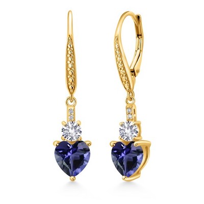 18K Yellow Gold Plated Silver Blue Iolite White Created Sapphire and White Lab
