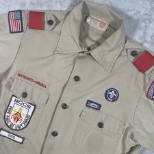 Vintage Boy Scouts Of America Mens S Khaki Uniform Short Sleeve Parches