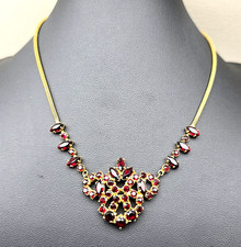 Vintage Red Rhinestone Necklace Gold Tone Bib Statement Choker 16 Inch
